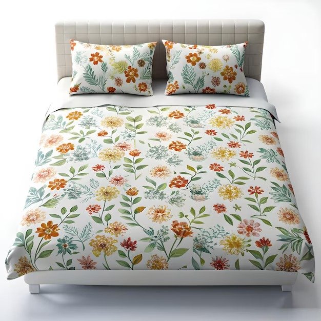 Cream rose-print quilted bedspread with pillow shams