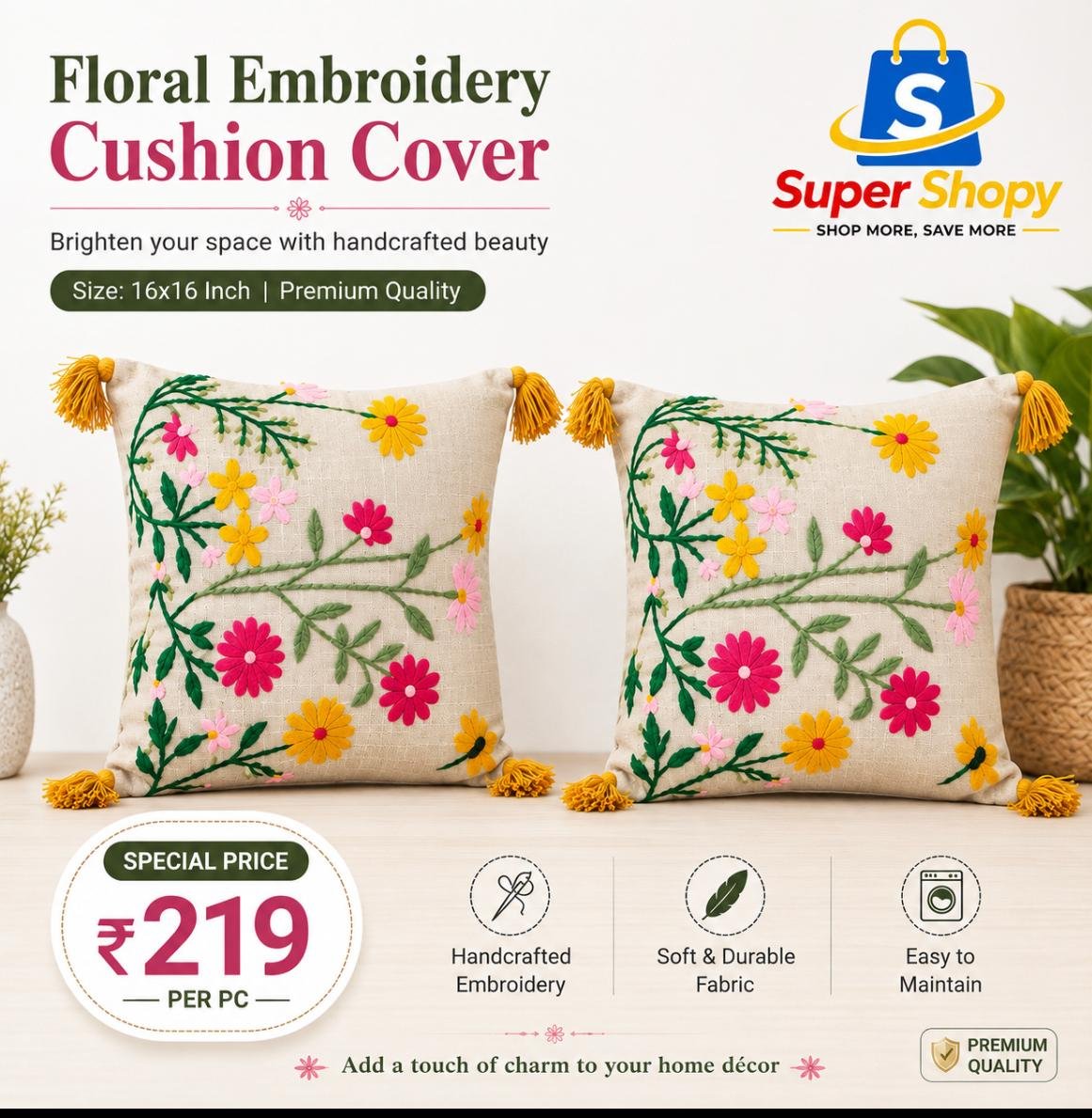 Floral embroidery cushion cover promotional poster