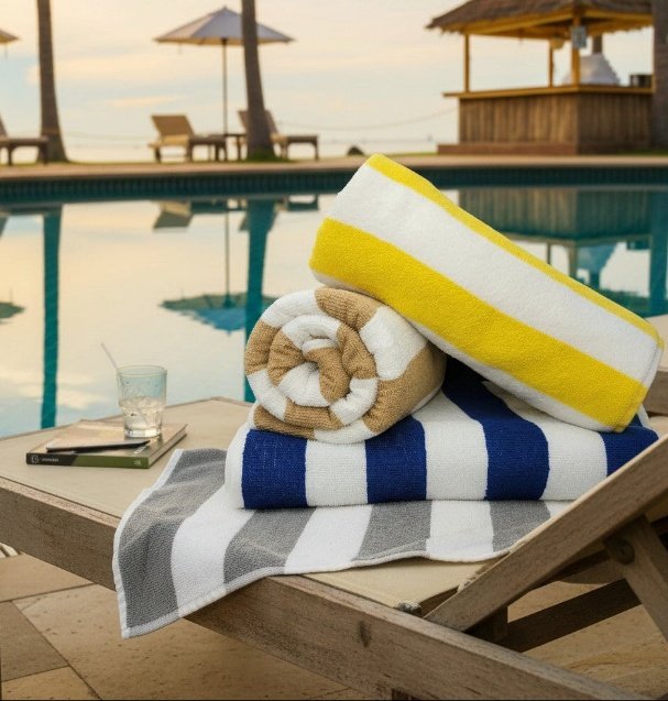 Cabana-stripe pool towels stacked on a lounger