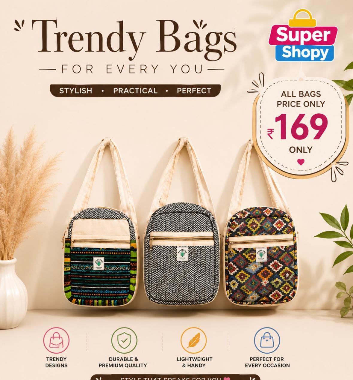 Trendy Bags promotional poster — all bags priced at ₹249